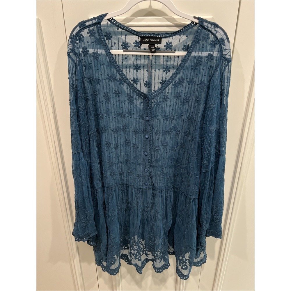 Lane Bryant Sheer Mesh Embroidered Tunic Size 22/24 Blue Fairy Cottagecore Indie